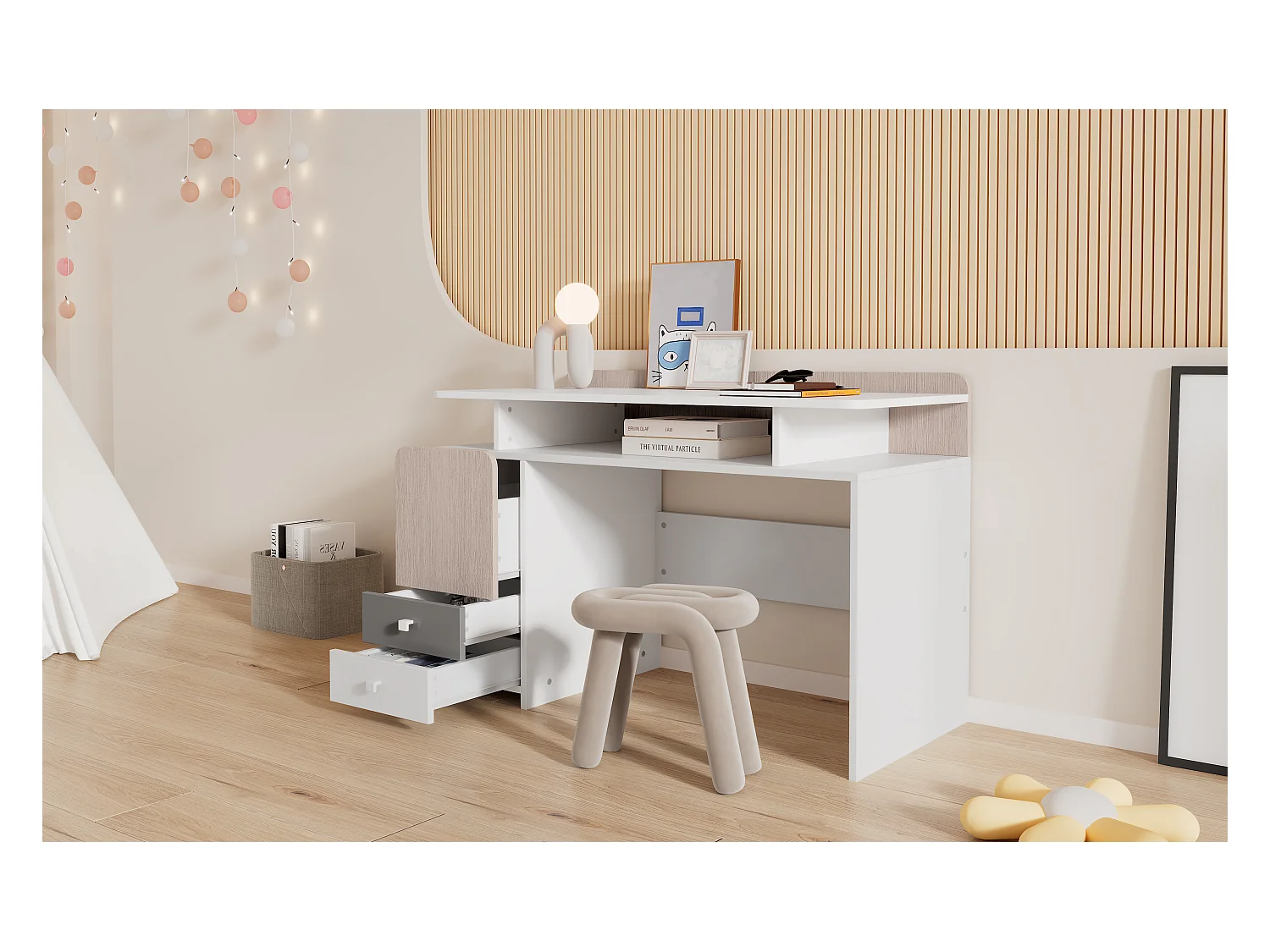 Bureau, studeertafel met 3 laden en 1 vak - MDF hout - wit + lichte iepkleur + grijs (Zonder stoel)