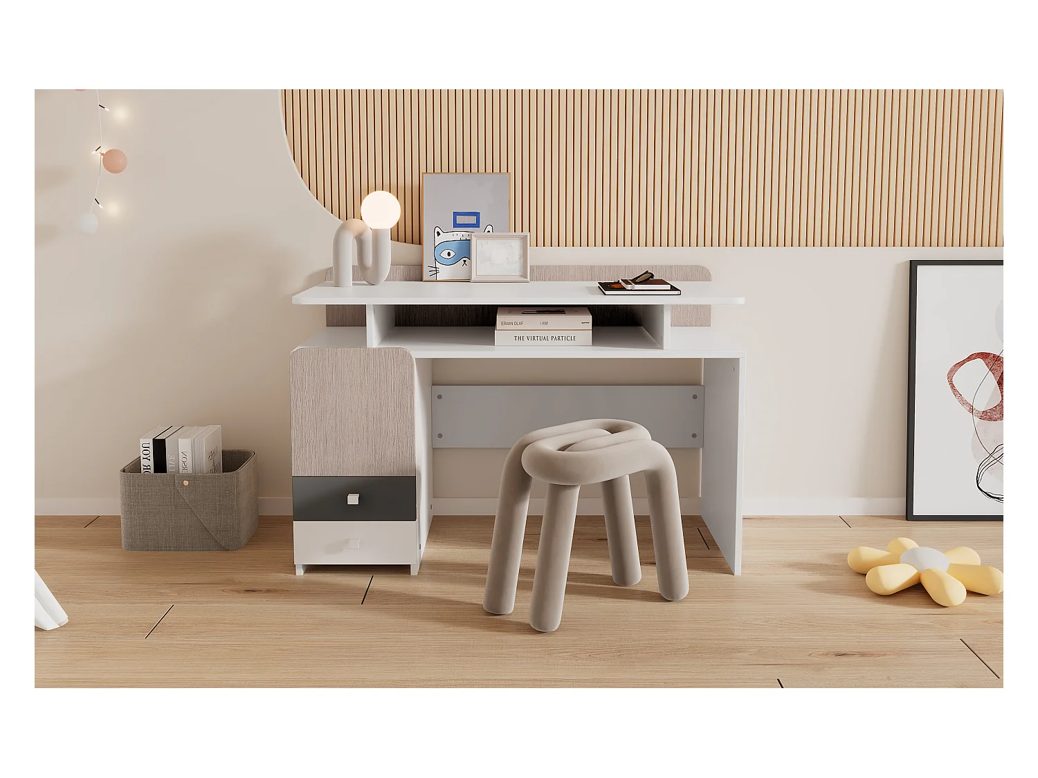 Bureau, studeertafel met 3 laden en 1 vak - MDF hout - wit + lichte iepkleur + grijs (Zonder stoel)