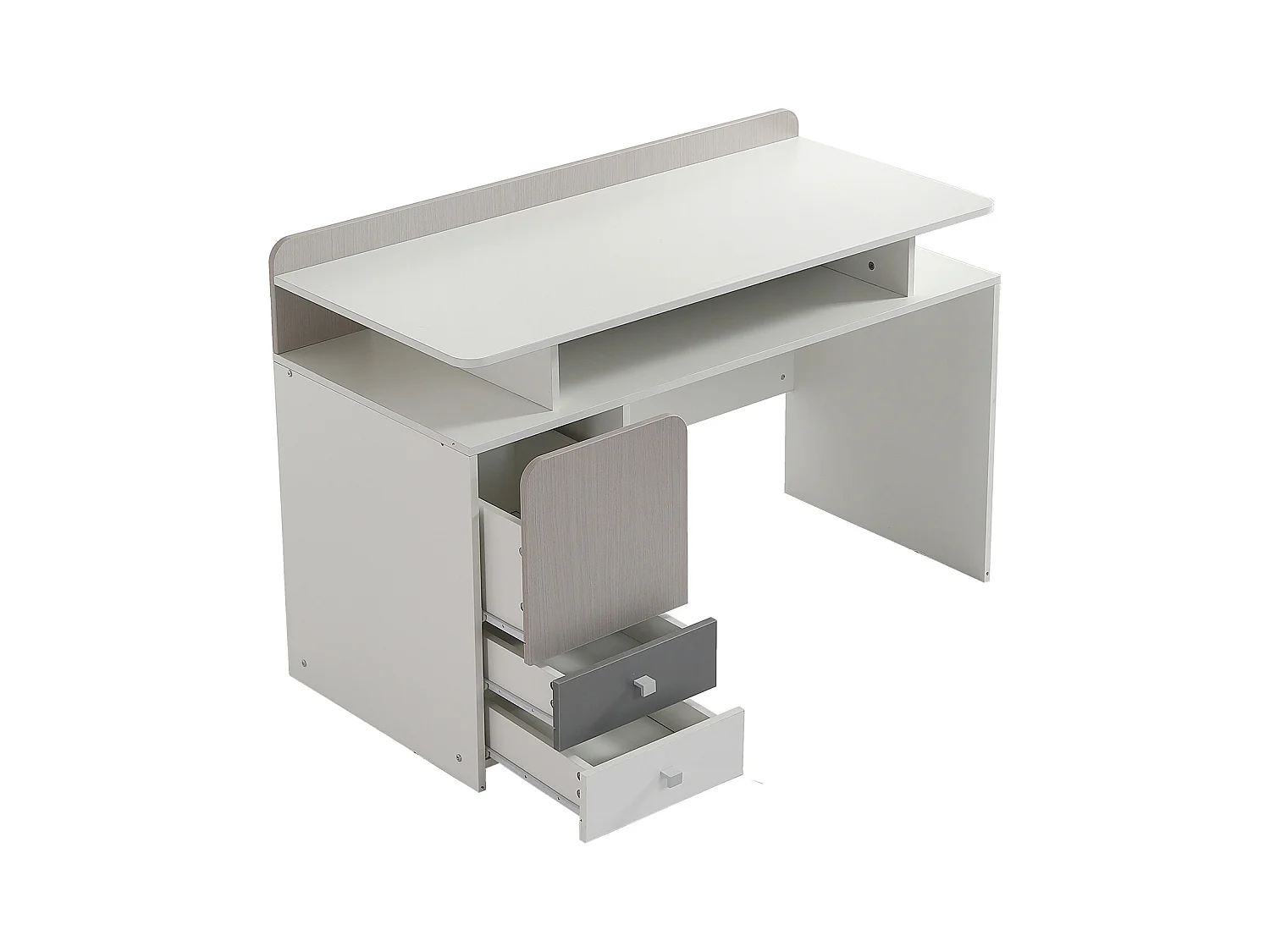 Bureau, studeertafel met 3 laden en 1 vak - MDF hout - wit + lichte iepkleur + grijs (Zonder stoel)