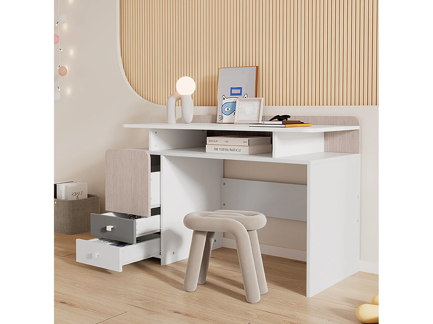Bureau, table d'étude avec 3 tiroirs et 1 compartiment - bois MDF - blanc + coloris orme clair + gris (Sans chaise)