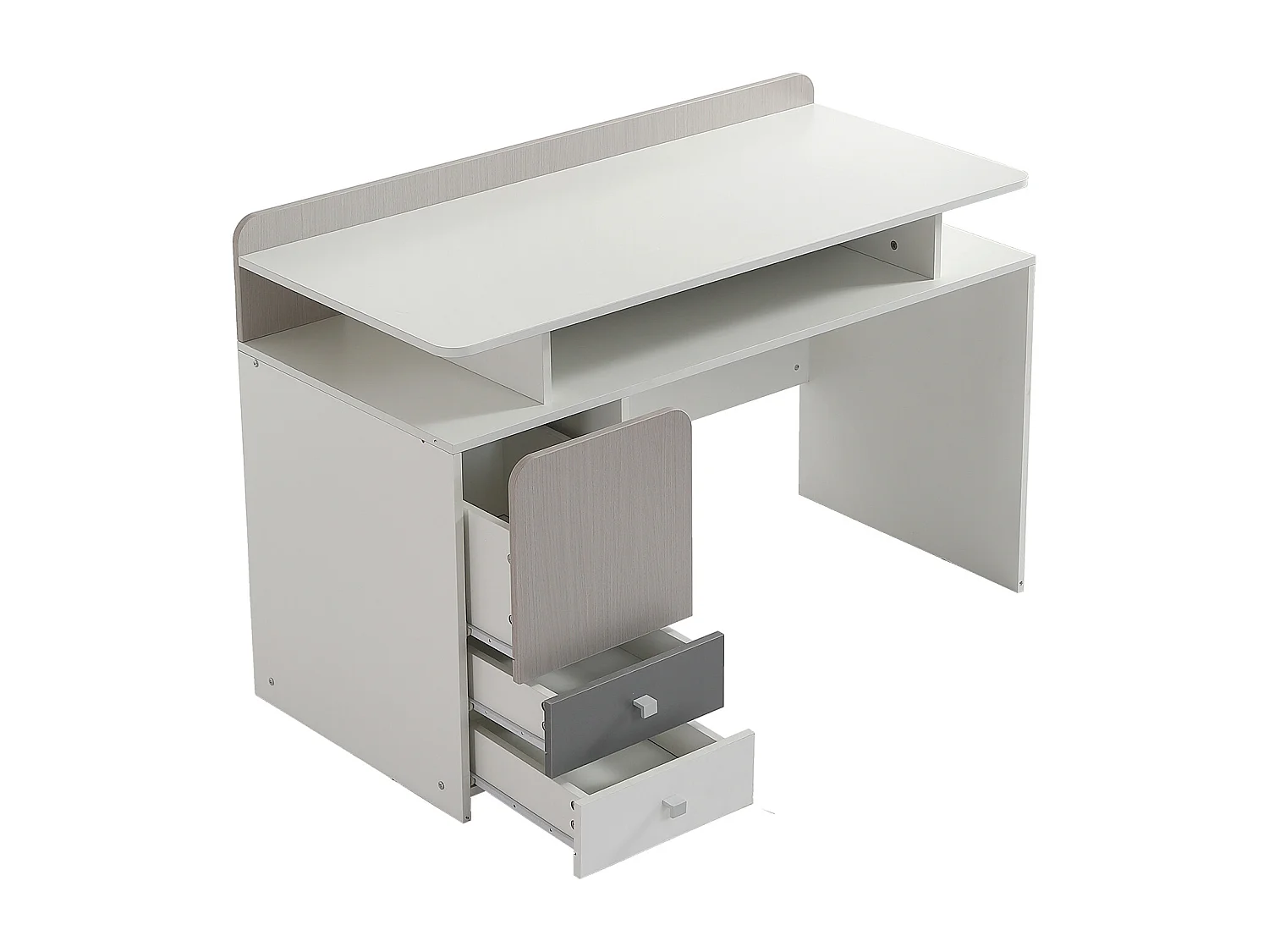 Bureau, table d'étude avec 3 tiroirs et 1 compartiment - bois MDF - blanc + coloris orme clair + gris (Sans chaise)