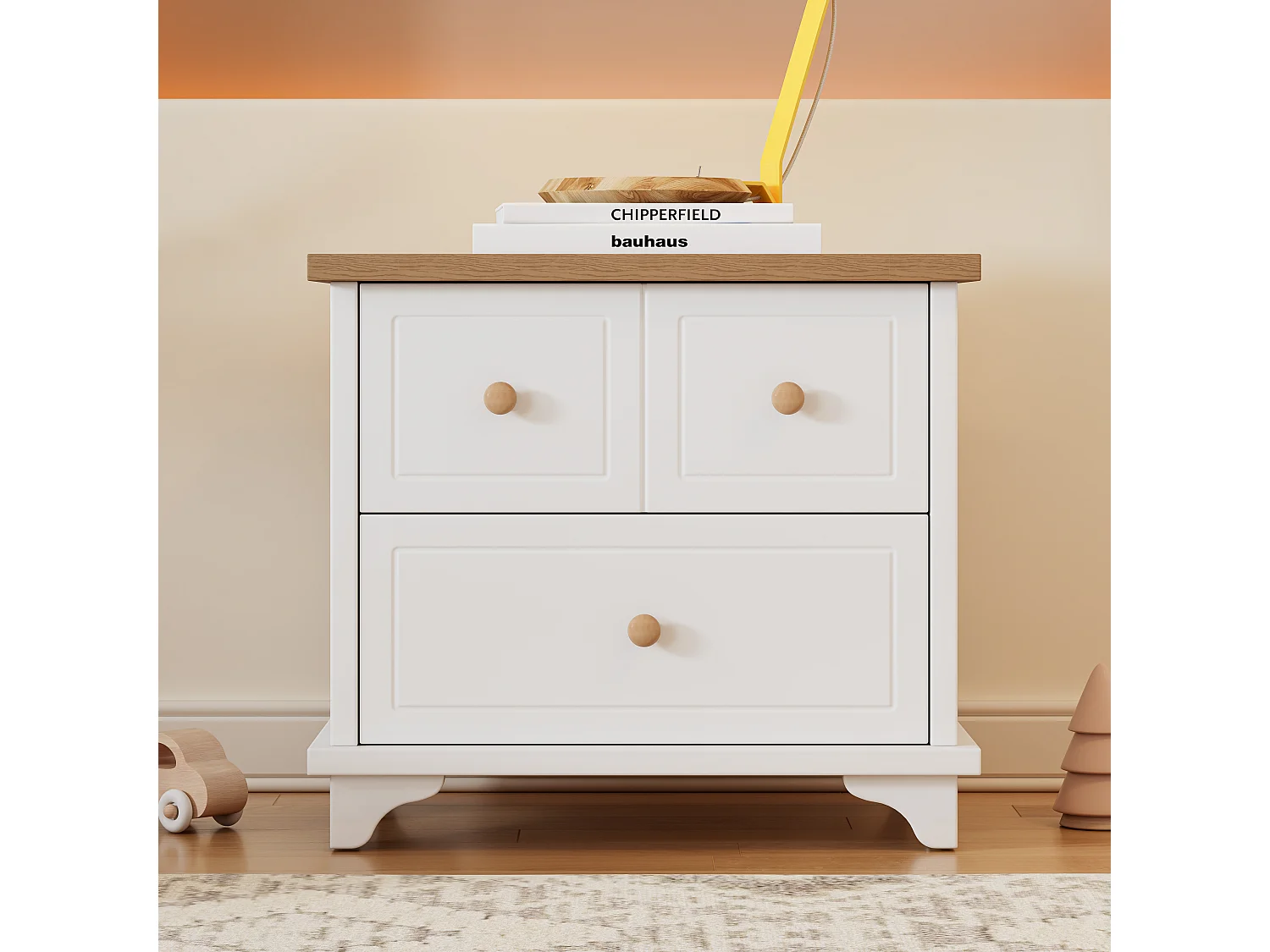 Nachtkastje met 2 lades - 60 x 40 x 51,5 cm - prachtig bewerkte poten - MDF+spaanplaat - wit+naturel