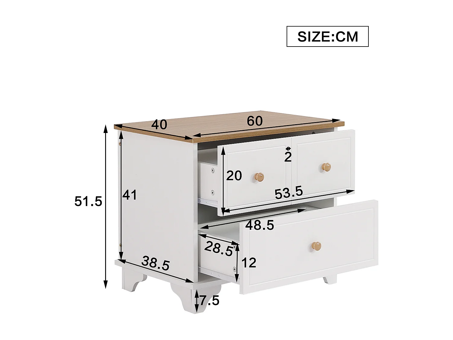 Nachtkastje met 2 lades - 60 x 40 x 51,5 cm - prachtig bewerkte poten - MDF+spaanplaat - wit+naturel