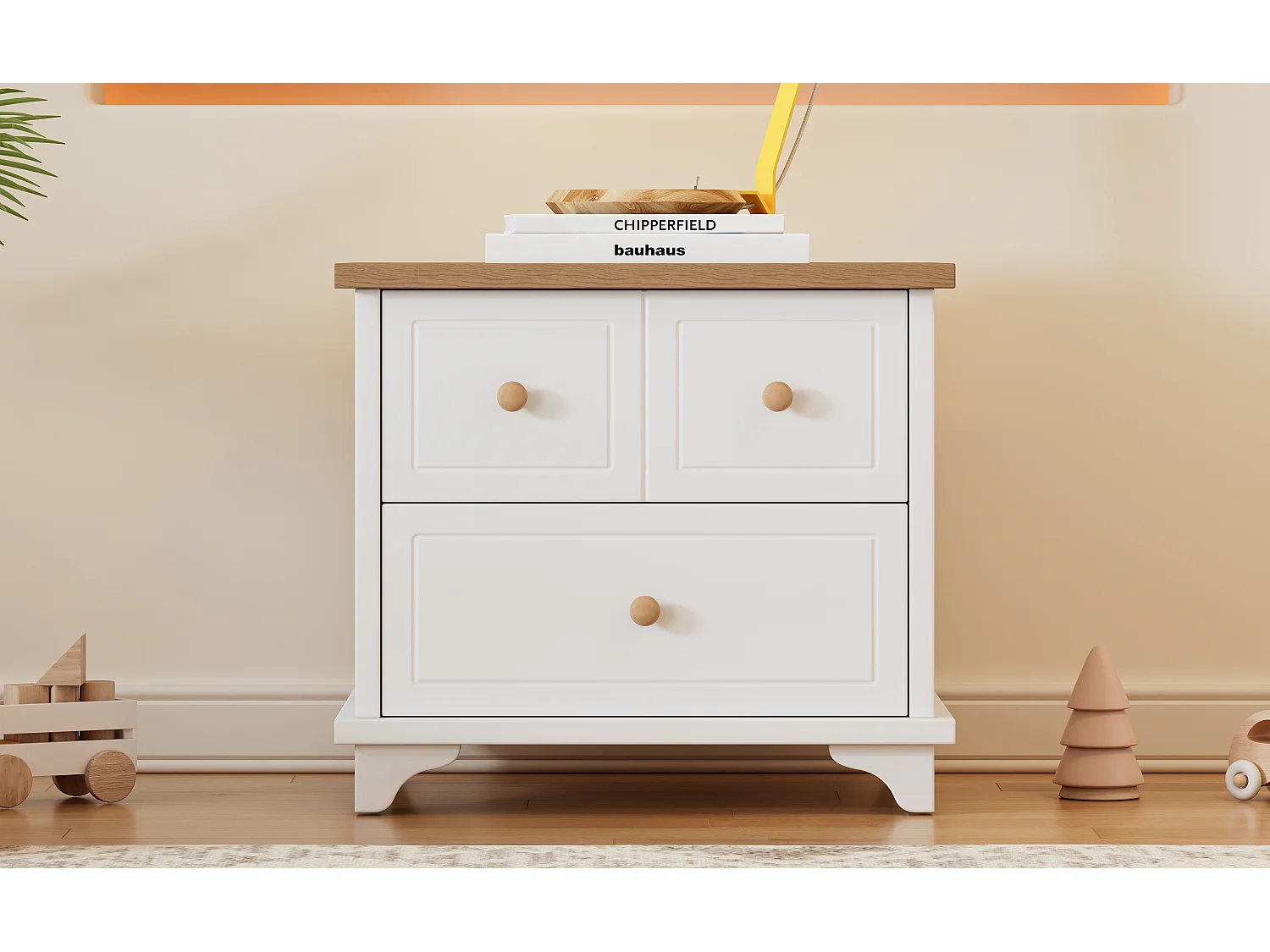 Nachtkastje met 2 lades - 60 x 40 x 51,5 cm - prachtig bewerkte poten - MDF+spaanplaat - wit+naturel