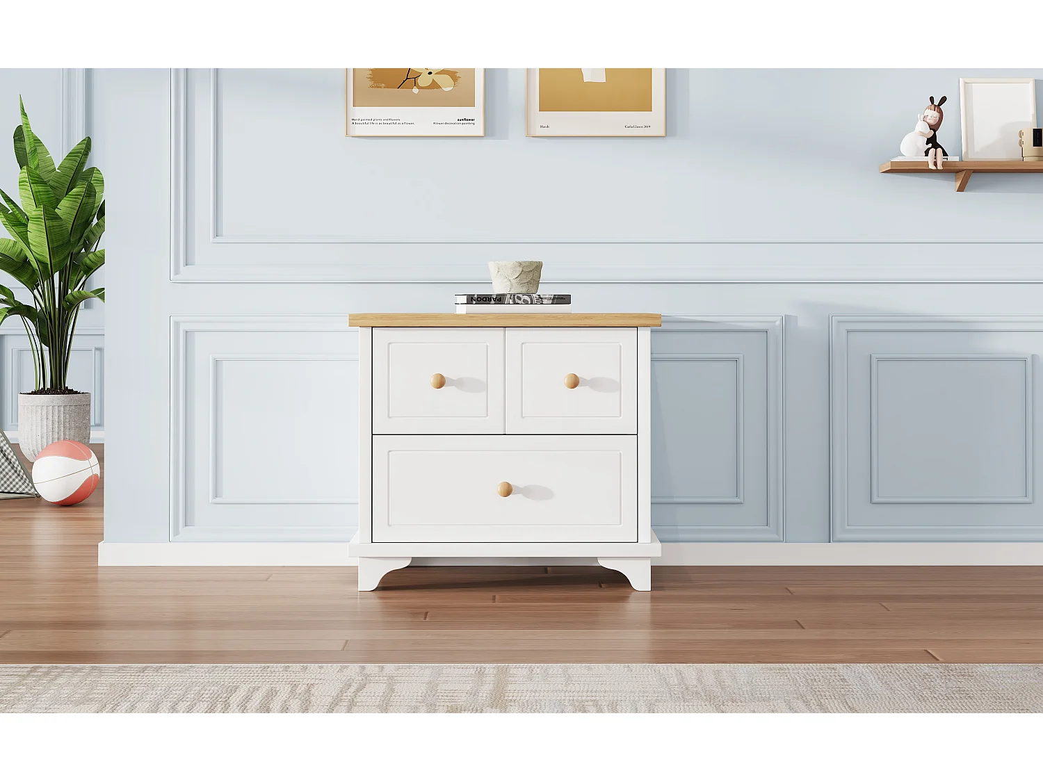 Nachtkastje met 2 lades - 60 x 40 x 51,5 cm - prachtig bewerkte poten - MDF+spaanplaat - wit+naturel