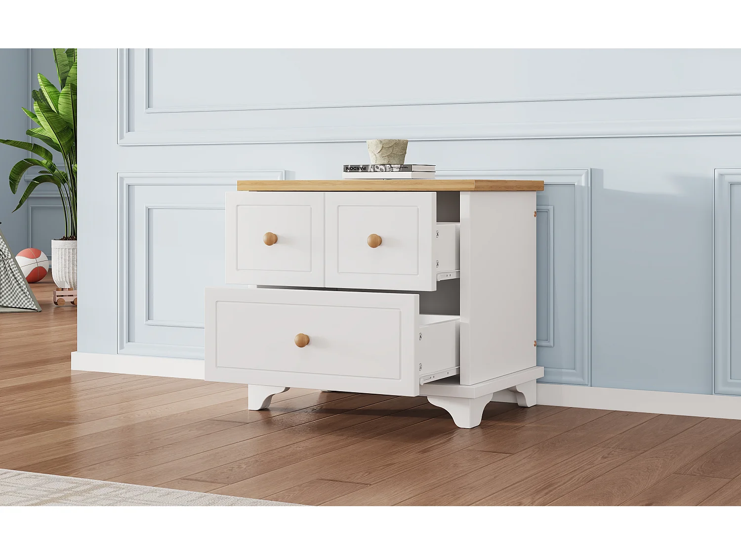 Nachtkastje met 2 lades - 60 x 40 x 51,5 cm - prachtig bewerkte poten - MDF+spaanplaat - wit+naturel