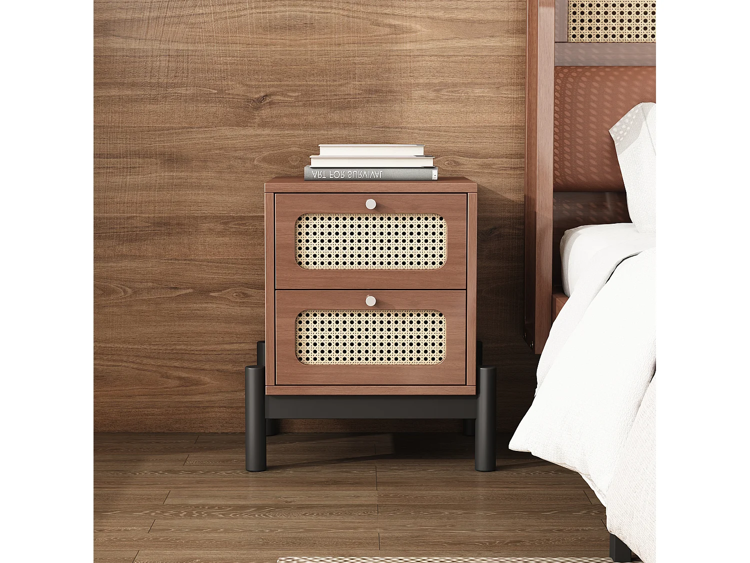 Mesita de Noche Clásica para Dormitorio con 2 Cajones - 40 x 40 x 50 cm - Madera de Pino + MDF + Ratán PVC - Nogal