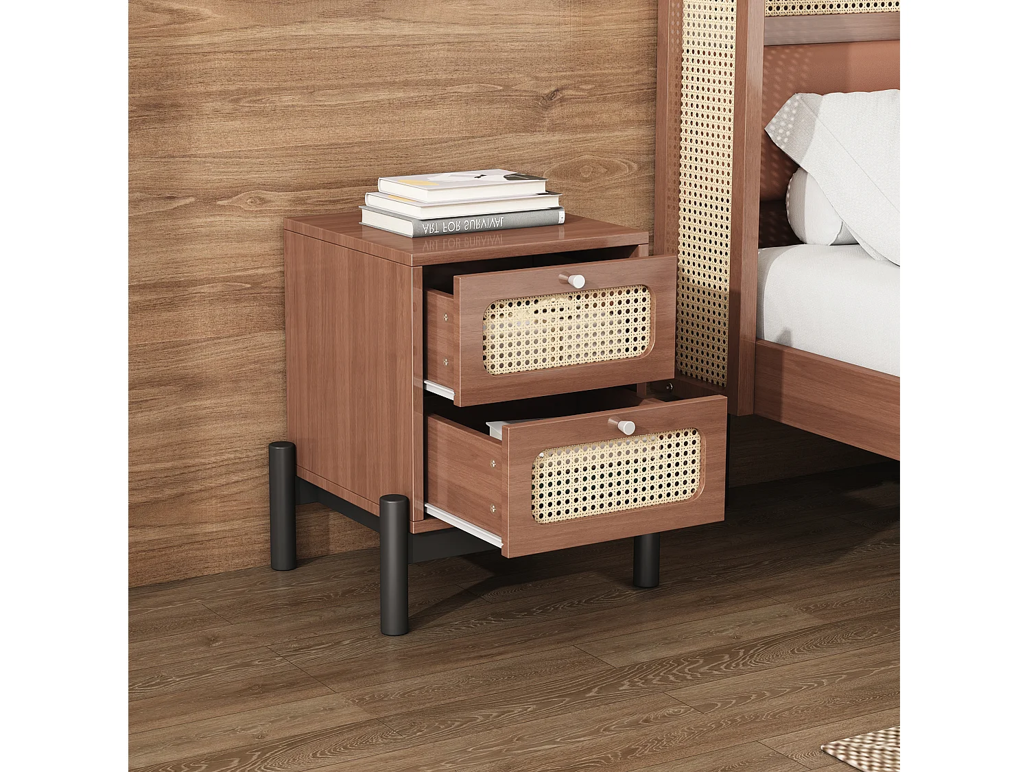 Mesita de Noche Clásica para Dormitorio con 2 Cajones - 40 x 40 x 50 cm - Madera de Pino + MDF + Ratán PVC - Nogal