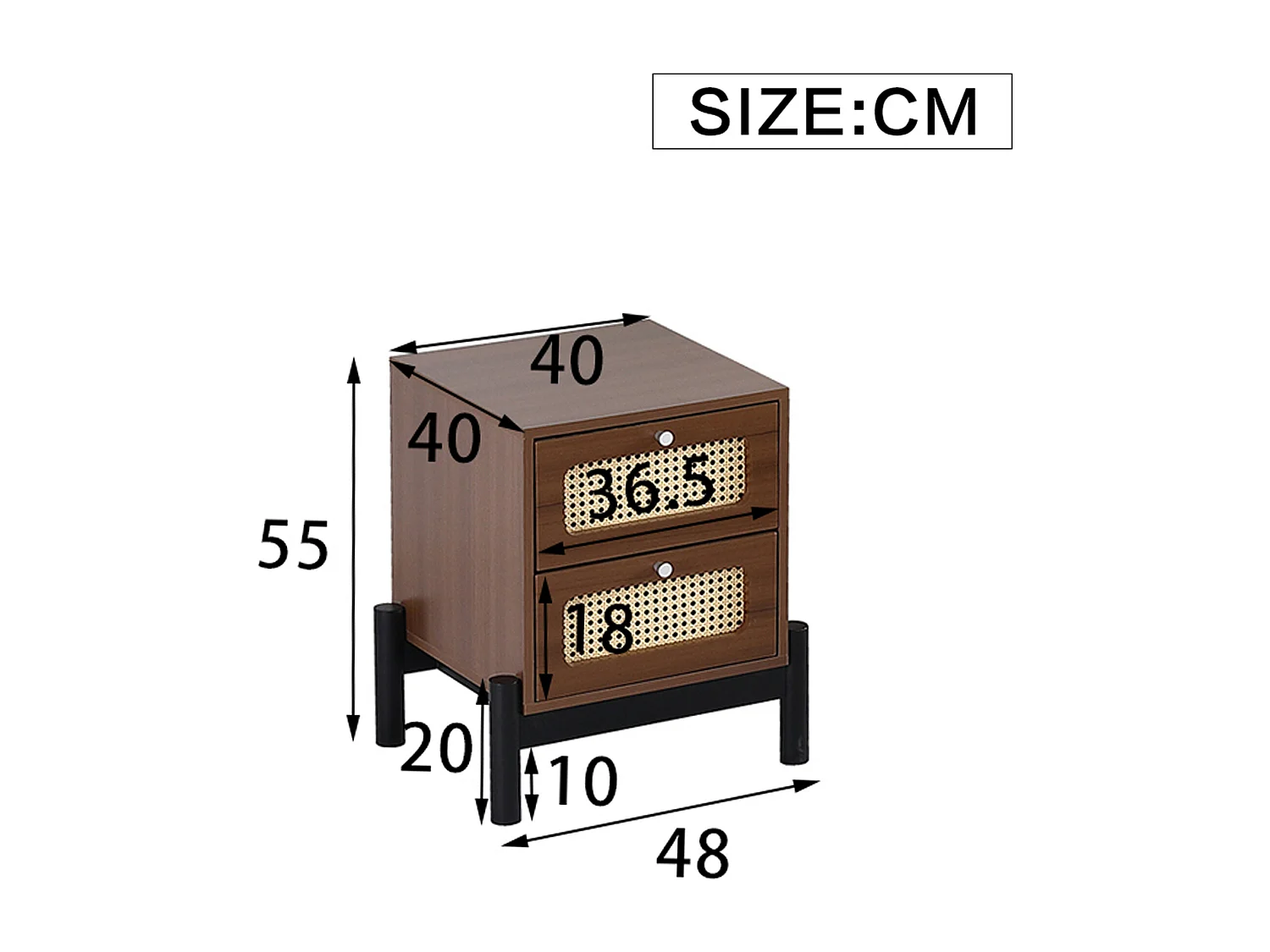 Mesita de Noche Clásica para Dormitorio con 2 Cajones - 40 x 40 x 50 cm - Madera de Pino + MDF + Ratán PVC - Nogal