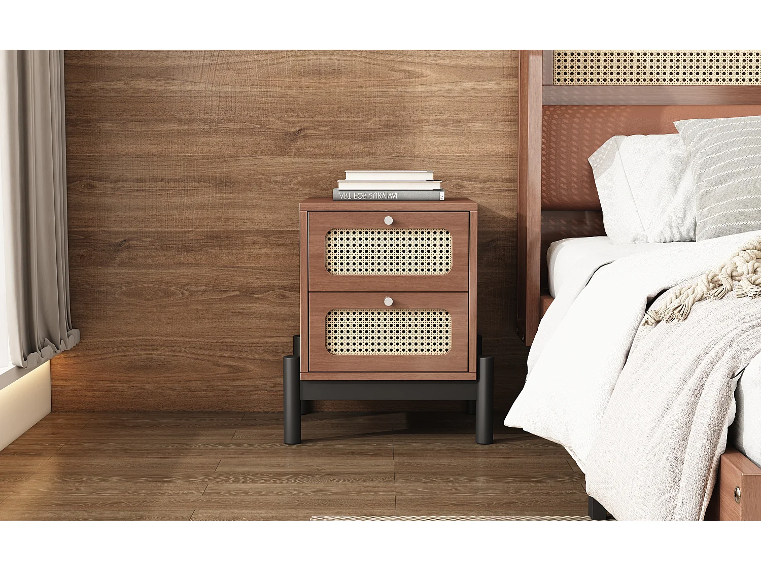 Mesita de Noche Clásica para Dormitorio con 2 Cajones - 40 x 40 x 50 cm - Madera de Pino + MDF + Ratán PVC - Nogal