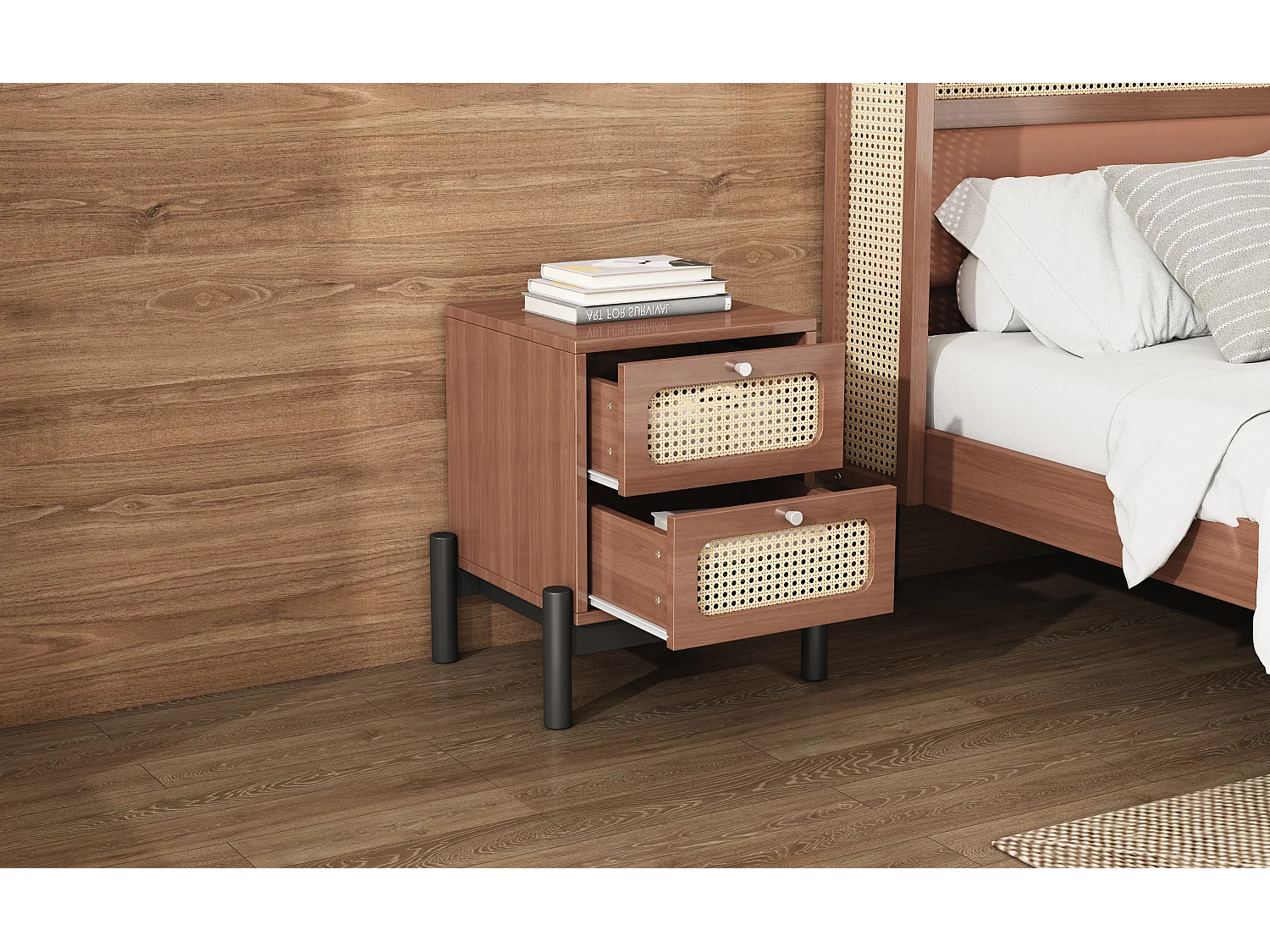 Mesita de Noche Clásica para Dormitorio con 2 Cajones - 40 x 40 x 50 cm - Madera de Pino + MDF + Ratán PVC - Nogal