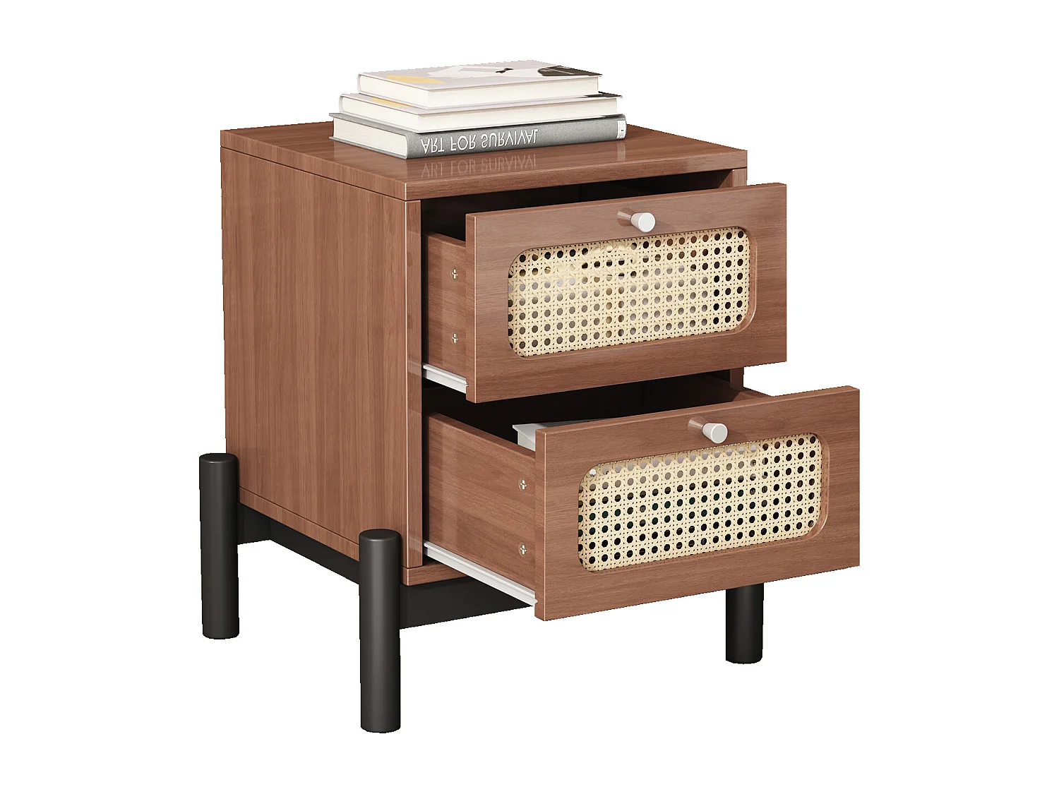 Mesita de Noche Clásica para Dormitorio con 2 Cajones - 40 x 40 x 50 cm - Madera de Pino + MDF + Ratán PVC - Nogal