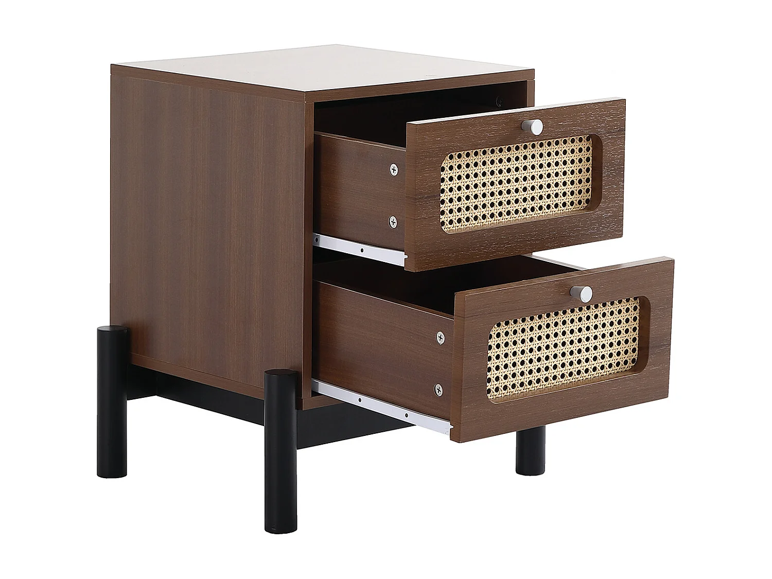 Mesita de Noche Clásica para Dormitorio con 2 Cajones - 40 x 40 x 50 cm - Madera de Pino + MDF + Ratán PVC - Nogal