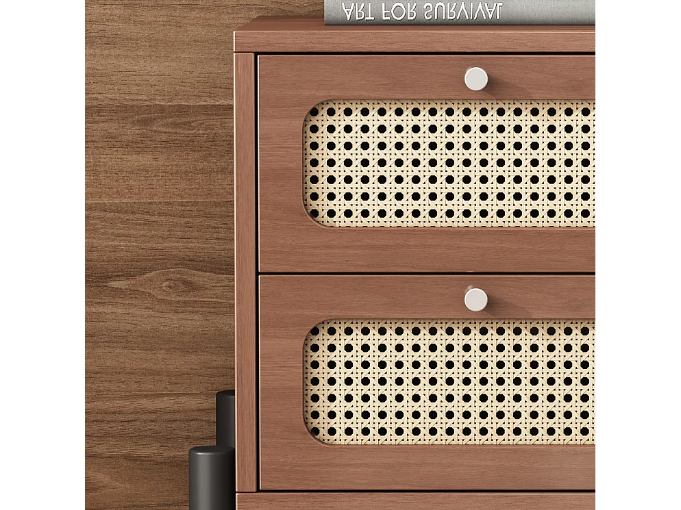 Mesita de Noche Clásica para Dormitorio con 2 Cajones - 40 x 40 x 50 cm - Madera de Pino + MDF + Ratán PVC - Nogal