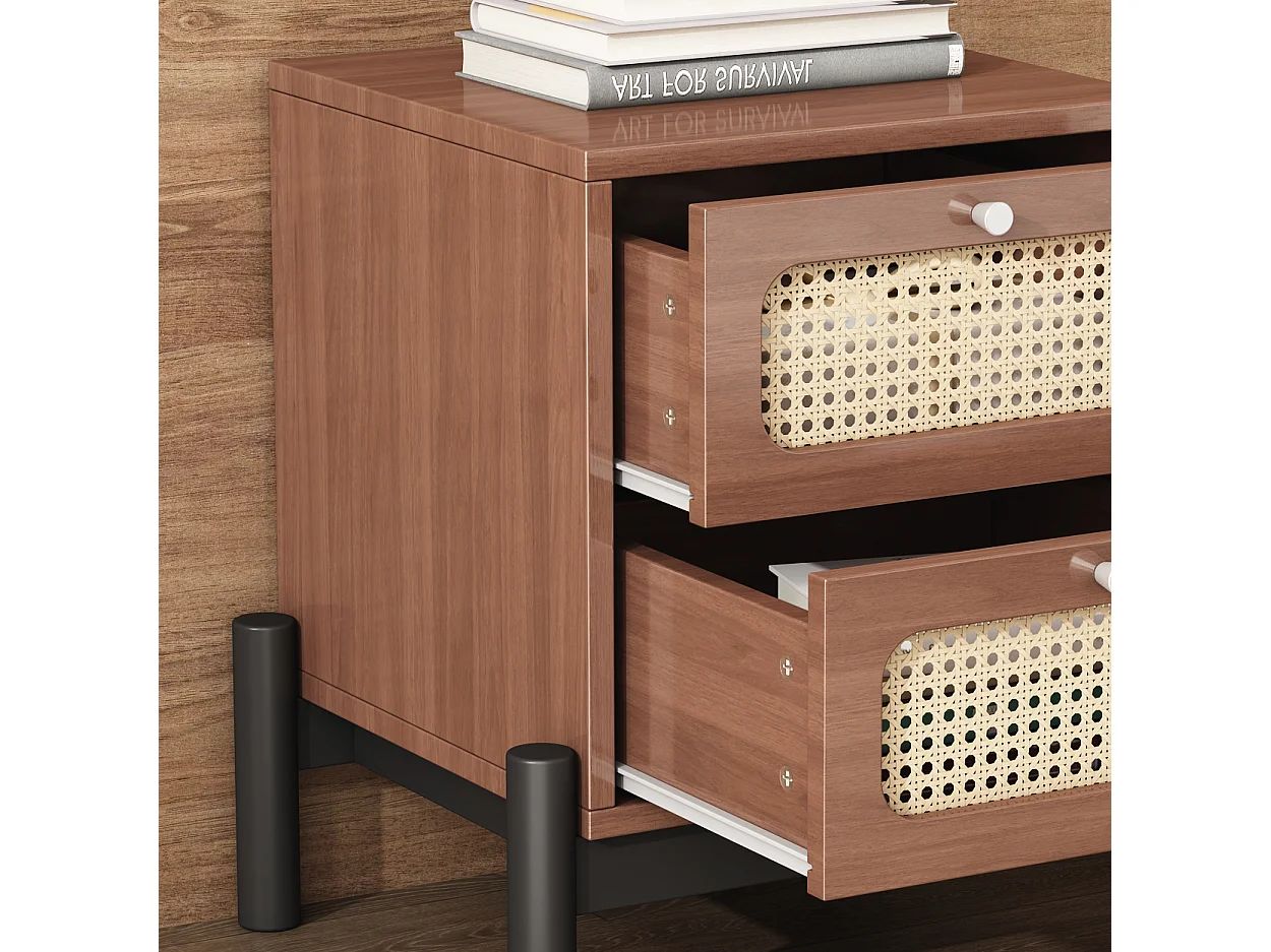 Mesita de Noche Clásica para Dormitorio con 2 Cajones - 40 x 40 x 50 cm - Madera de Pino + MDF + Ratán PVC - Nogal