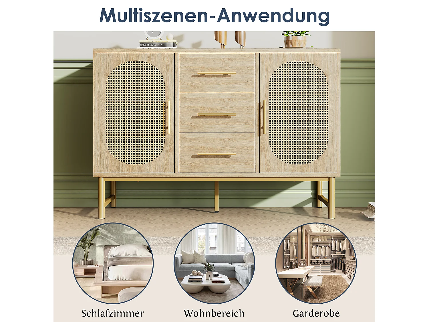 Dressoir met 3 laden en 2 rotan deuren - 120 x 40 x 74 cm - Verstelbare planken - Spaanplaat - Eiken