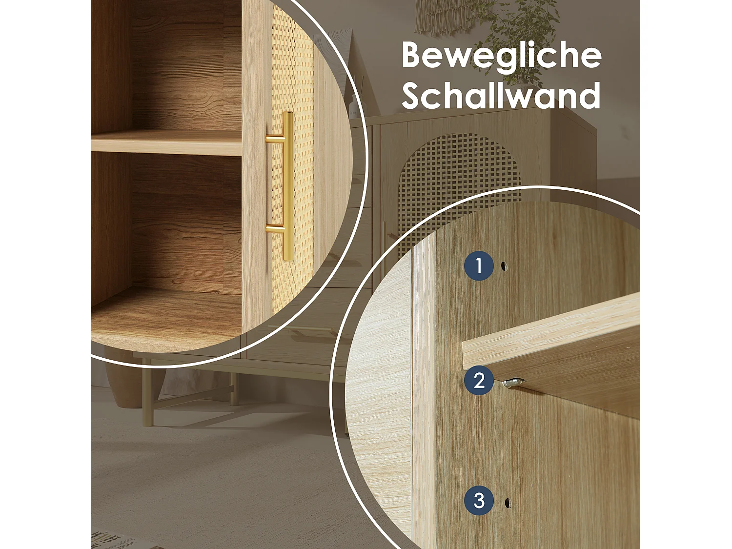 Dressoir met 3 laden en 2 rotan deuren - 120 x 40 x 74 cm - Verstelbare planken - Spaanplaat - Eiken