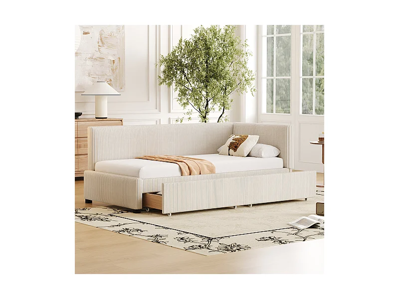 Polsterbett 90 x 200 cm, Schlafsofa, mit 2 Schubladen und weichem Kopfteil, Samtstoff, Beige (ohne Matratze)