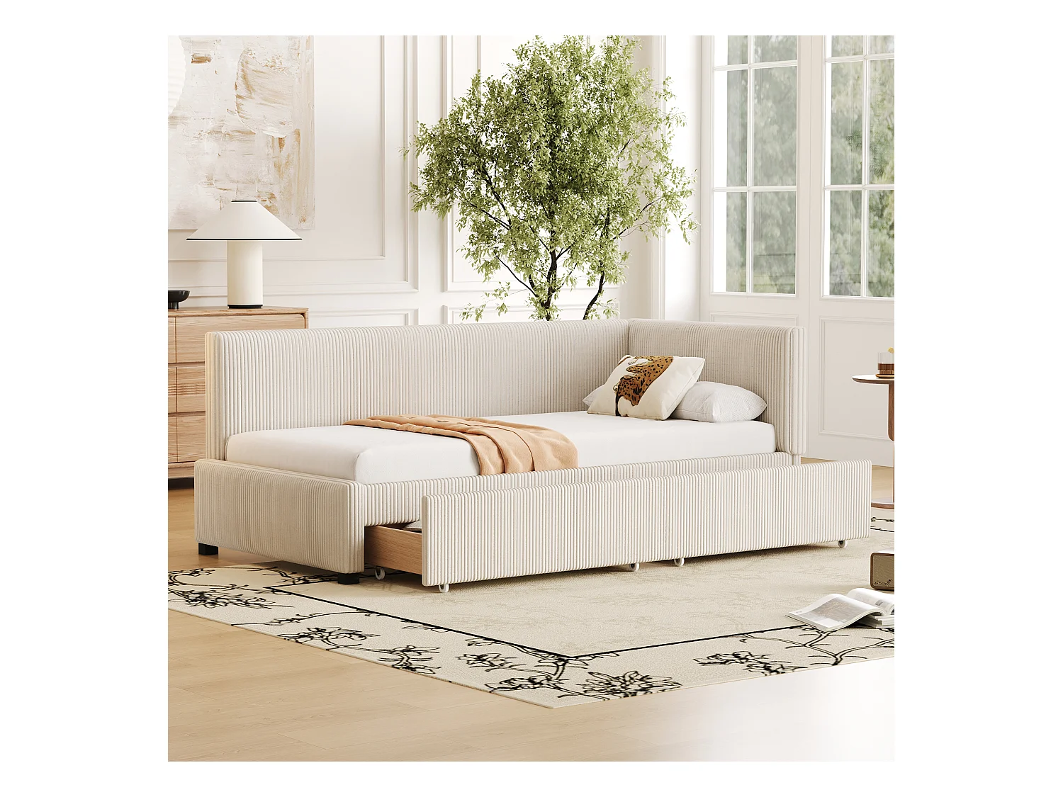 Polsterbett 90 x 200 cm, Schlafsofa, mit 2 Schubladen und weichem Kopfteil, Samtstoff, Beige (ohne Matratze)