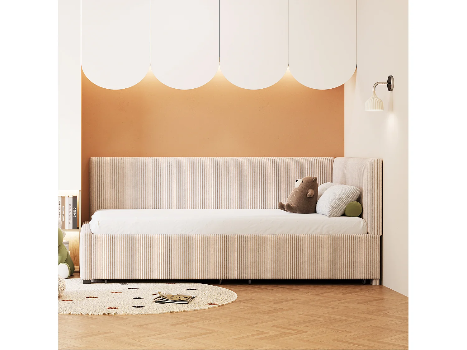 Polsterbett 90 x 200 cm, Schlafsofa, mit 2 Schubladen und weichem Kopfteil, Samtstoff, Beige (ohne Matratze)