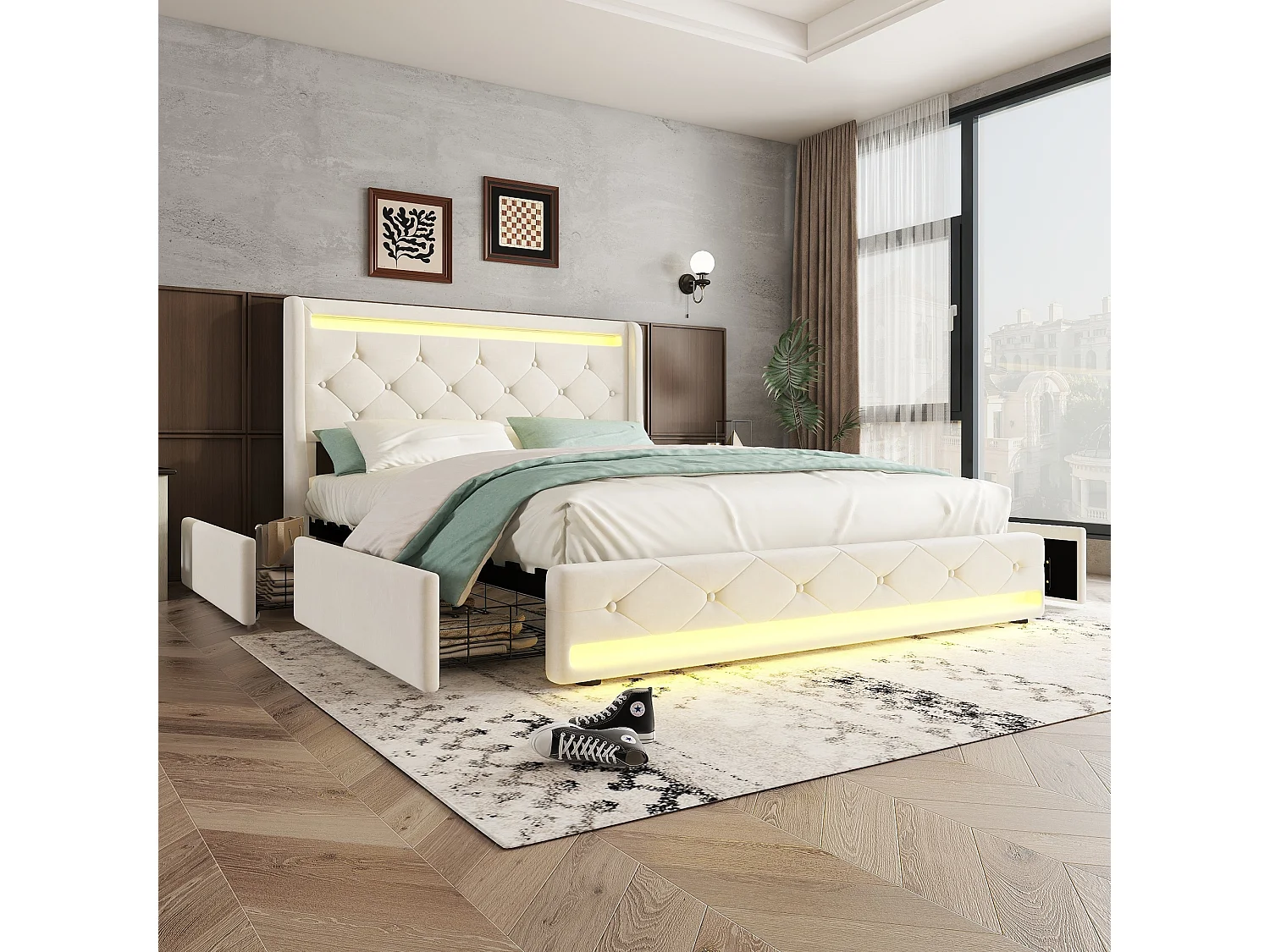 Gestoffeerd bed 140 x 200 cm met 4 lades en elegant gecapitonneerd hoofdeinde - LED's - Fluweel - Beige (zonder matras)