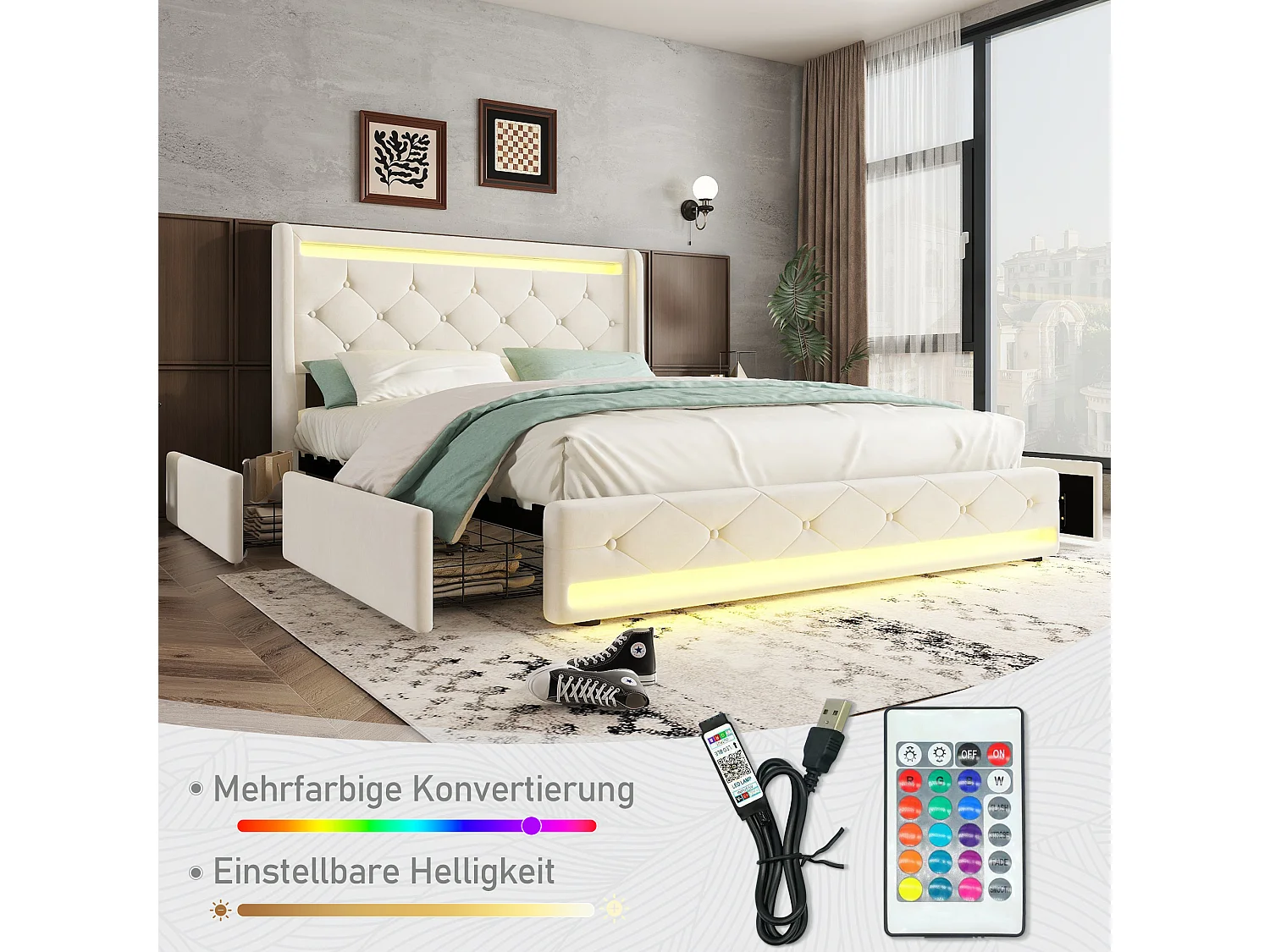 Gestoffeerd bed 140 x 200 cm met 4 lades en elegant gecapitonneerd hoofdeinde - LED's - Fluweel - Beige (zonder matras)