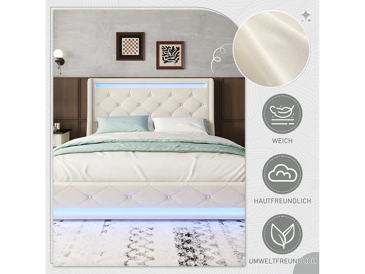 Gestoffeerd bed 140 x 200 cm met 4 lades en elegant gecapitonneerd hoofdeinde - LED's - Fluweel - Beige (zonder matras)