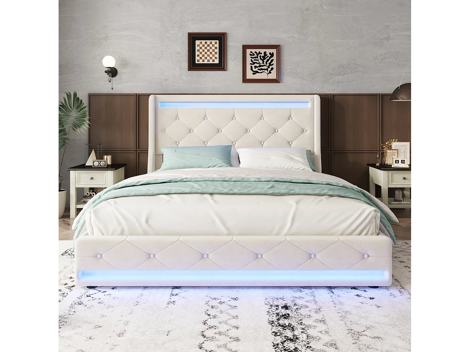 Gestoffeerd bed 140 x 200 cm met 4 lades en elegant gecapitonneerd hoofdeinde - LED's - Fluweel - Beige (zonder matras)