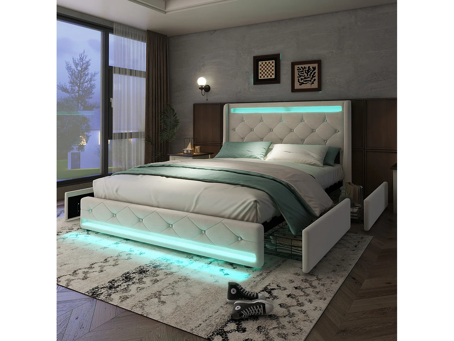 Gestoffeerd bed 140 x 200 cm met 4 lades en elegant gecapitonneerd hoofdeinde - LED's - Fluweel - Beige (zonder matras)