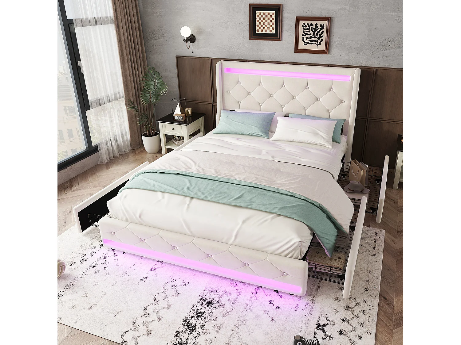 Gestoffeerd bed 140 x 200 cm met 4 lades en elegant gecapitonneerd hoofdeinde - LED's - Fluweel - Beige (zonder matras)