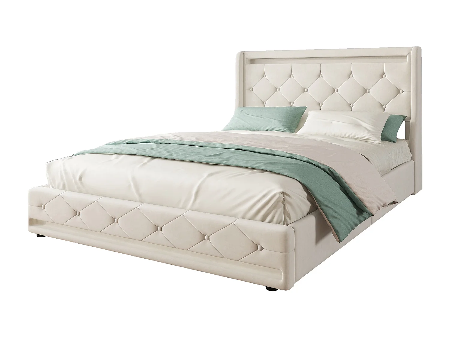 Gestoffeerd bed 140 x 200 cm met 4 lades en elegant gecapitonneerd hoofdeinde - LED's - Fluweel - Beige (zonder matras)