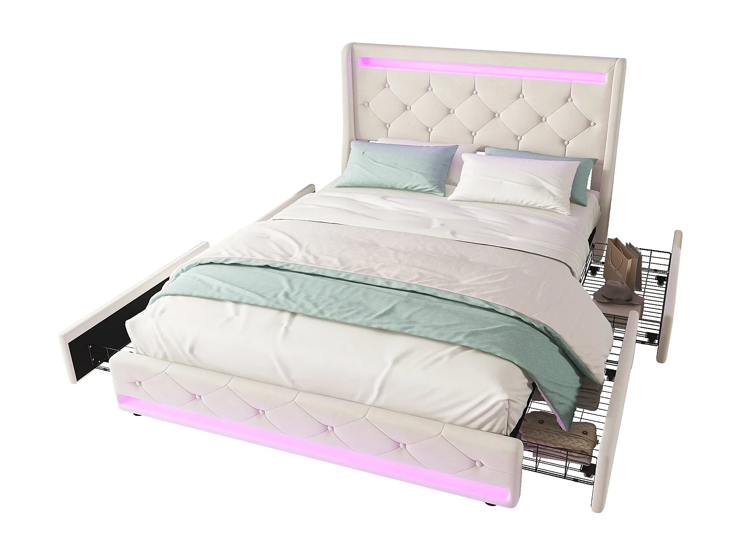 Gestoffeerd bed 140 x 200 cm met 4 lades en elegant gecapitonneerd hoofdeinde - LED's - Fluweel - Beige (zonder matras)