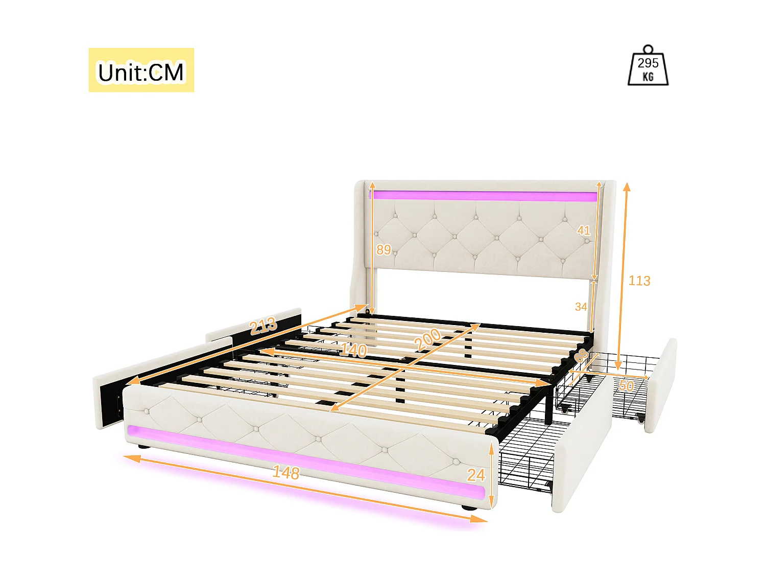 Gestoffeerd bed 140 x 200 cm met 4 lades en elegant gecapitonneerd hoofdeinde - LED's - Fluweel - Beige (zonder matras)