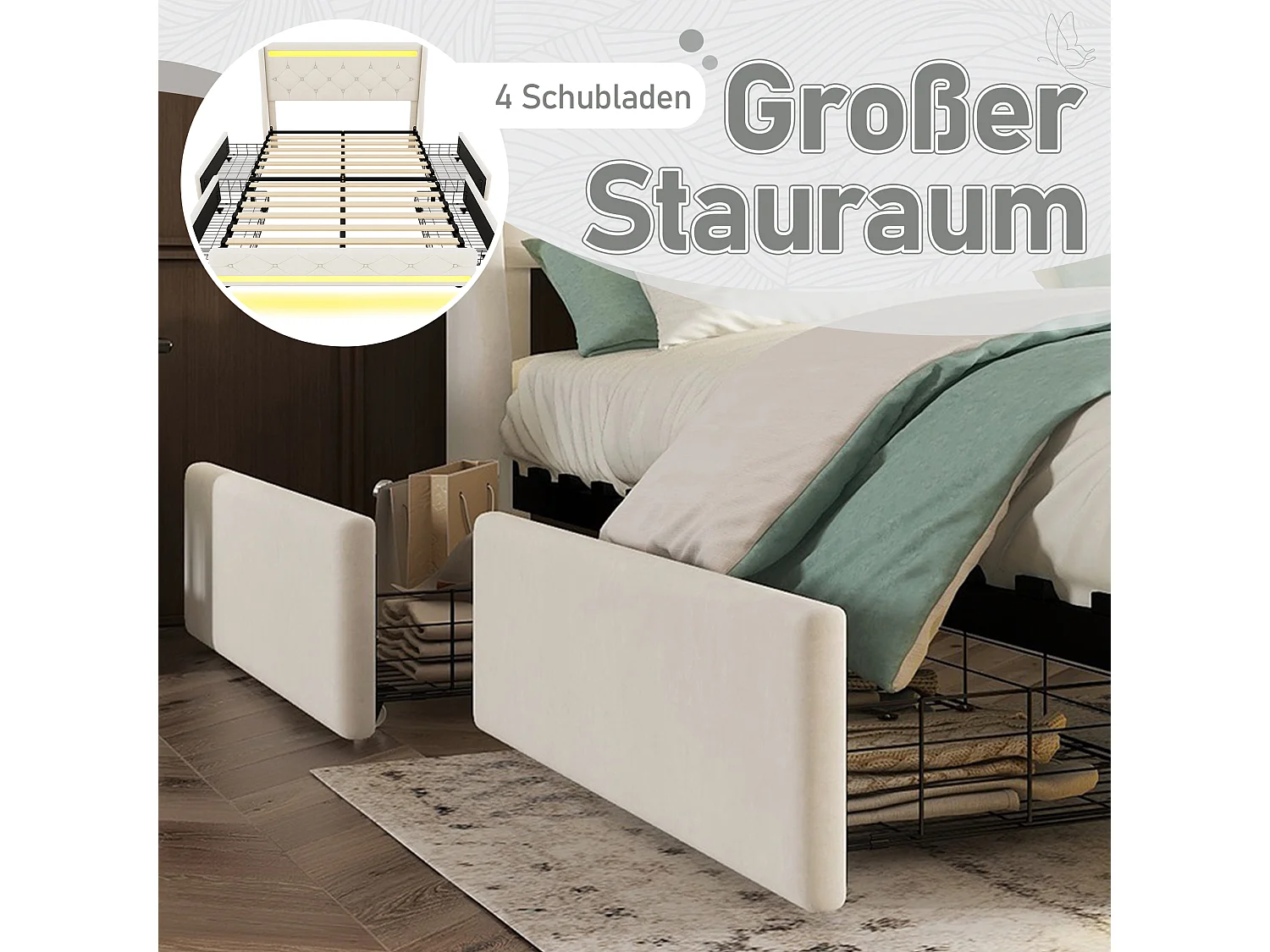 Gestoffeerd bed 140 x 200 cm met 4 lades en elegant gecapitonneerd hoofdeinde - LED's - Fluweel - Beige (zonder matras)