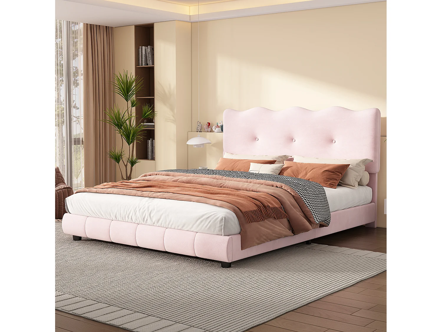 Cama tapizada 140 x 200 cm con cabecero regulable - Diseño olas y nubes - Terciopelo - Rosa (sin colchón)