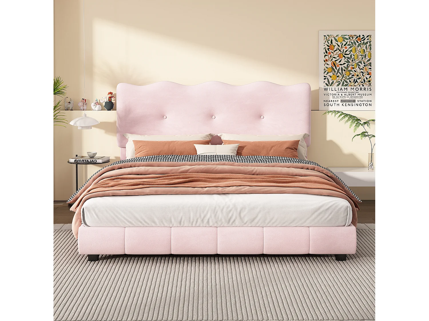 Cama tapizada 140 x 200 cm con cabecero regulable - Diseño olas y nubes - Terciopelo - Rosa (sin colchón)