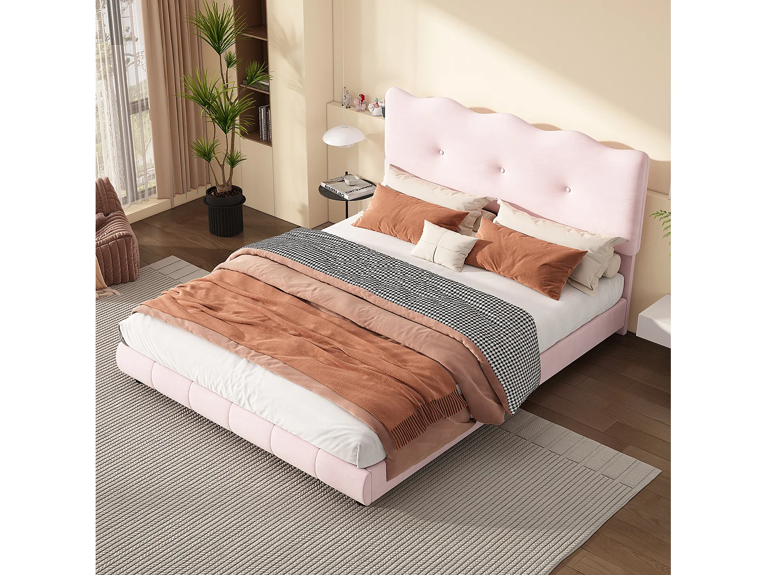 Cama tapizada 140 x 200 cm con cabecero regulable - Diseño olas y nubes - Terciopelo - Rosa (sin colchón)