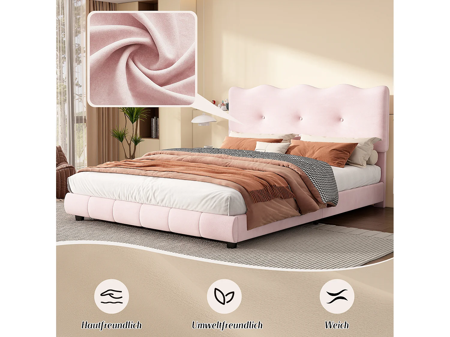 Cama tapizada 140 x 200 cm con cabecero regulable - Diseño olas y nubes - Terciopelo - Rosa (sin colchón)