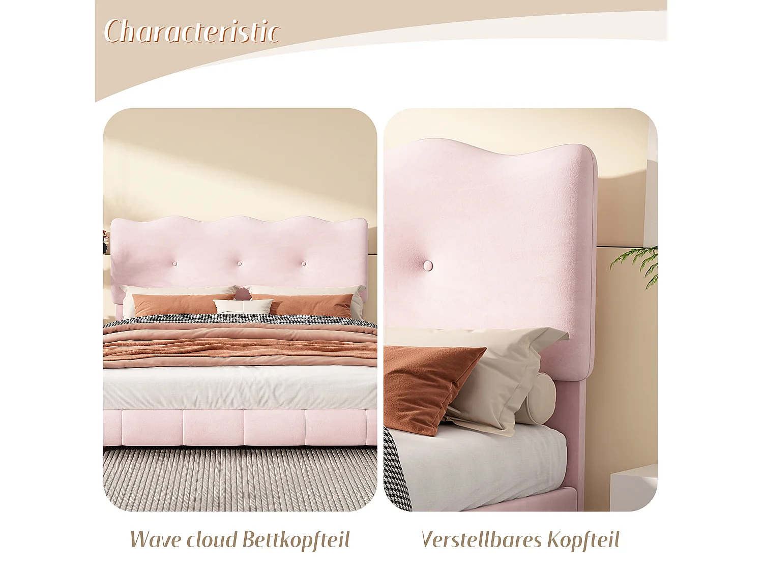 Cama tapizada 140 x 200 cm con cabecero regulable - Diseño olas y nubes - Terciopelo - Rosa (sin colchón)