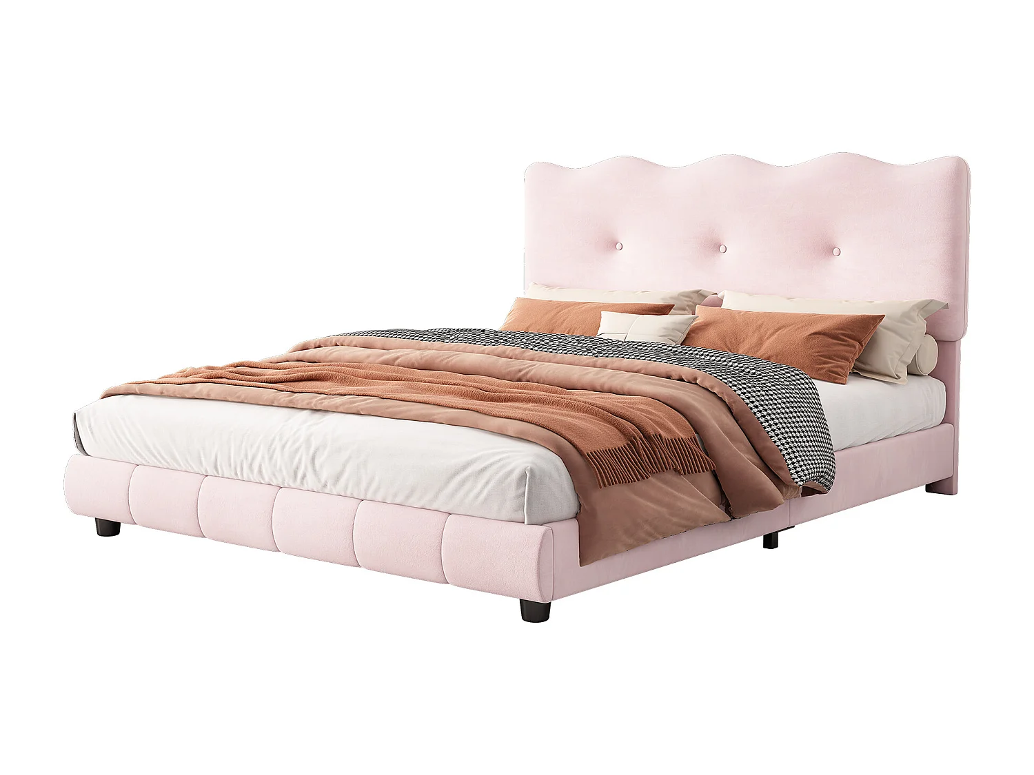 Cama tapizada 140 x 200 cm con cabecero regulable - Diseño olas y nubes - Terciopelo - Rosa (sin colchón)