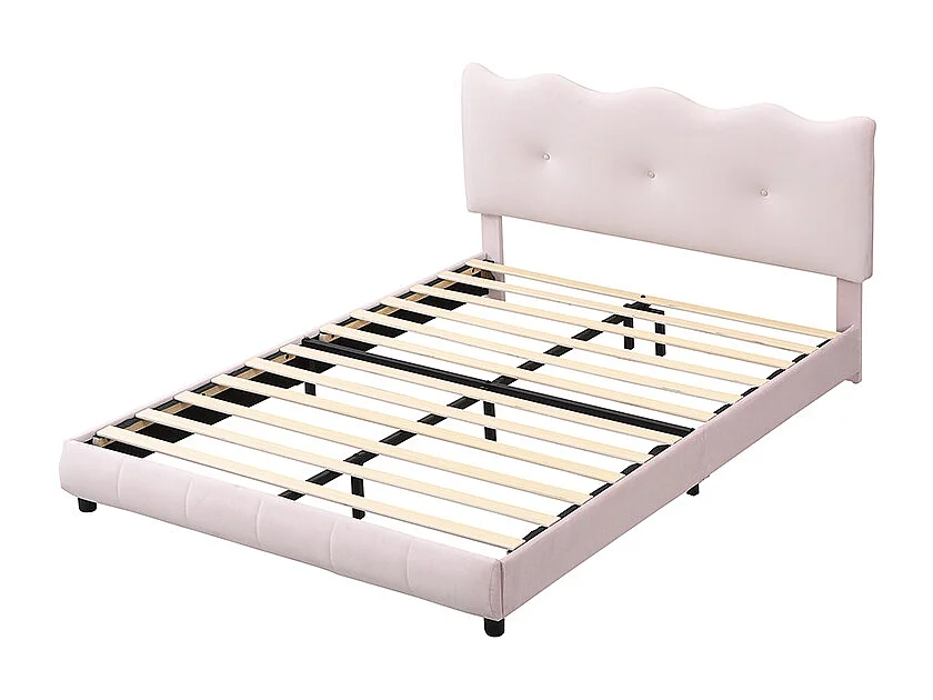 Cama tapizada 140 x 200 cm con cabecero regulable - Diseño olas y nubes - Terciopelo - Rosa (sin colchón)