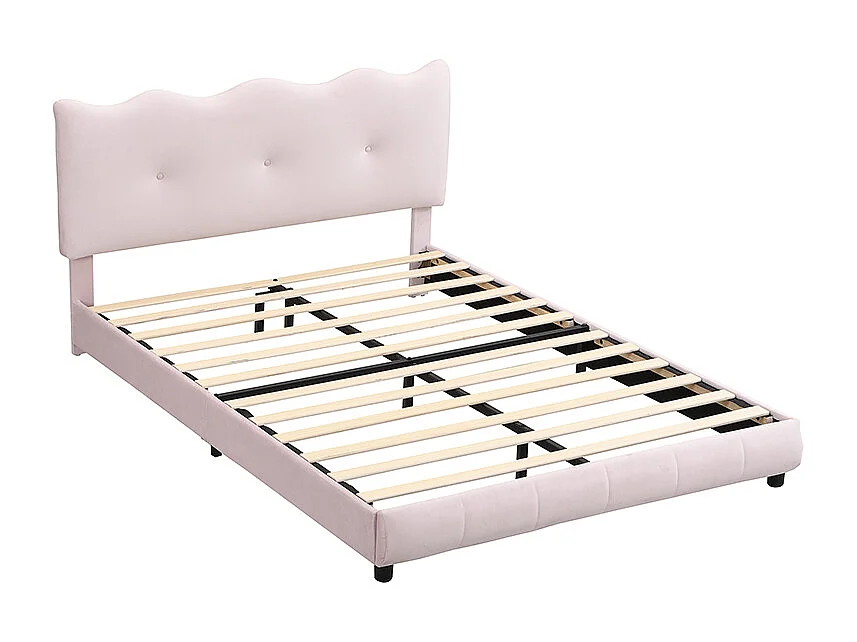 Cama tapizada 140 x 200 cm con cabecero regulable - Diseño olas y nubes - Terciopelo - Rosa (sin colchón)
