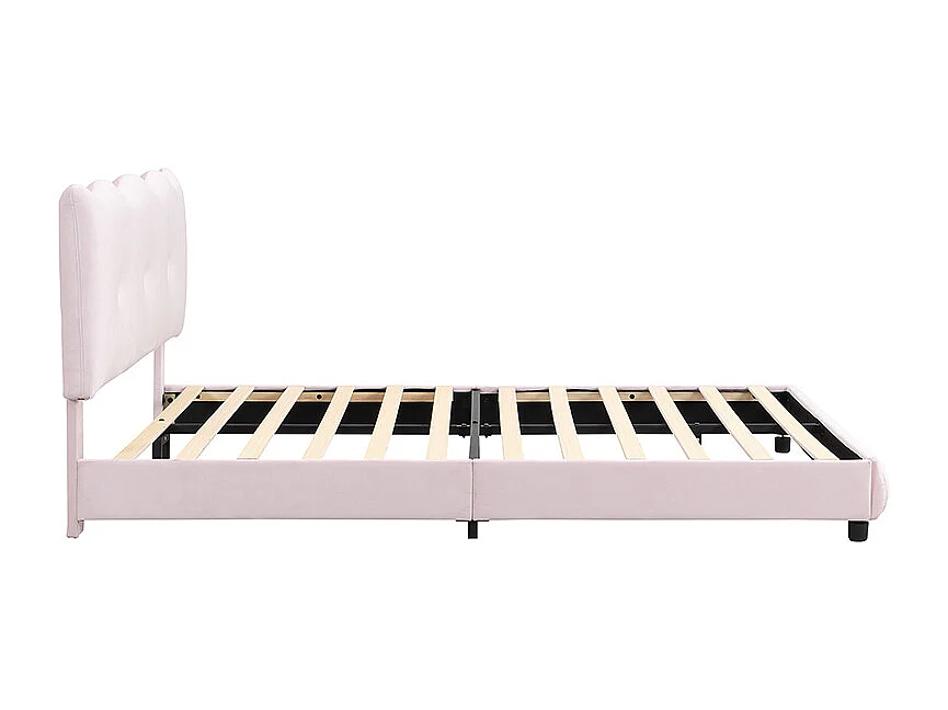 Cama tapizada 140 x 200 cm con cabecero regulable - Diseño olas y nubes - Terciopelo - Rosa (sin colchón)