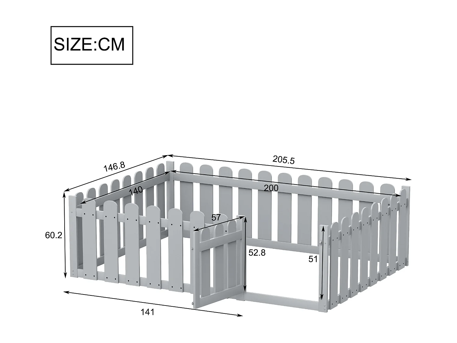 Letto per bambini 140 x 200 cm, struttura letto in legno con bordo e porta, grigio (senza rete a doghe)