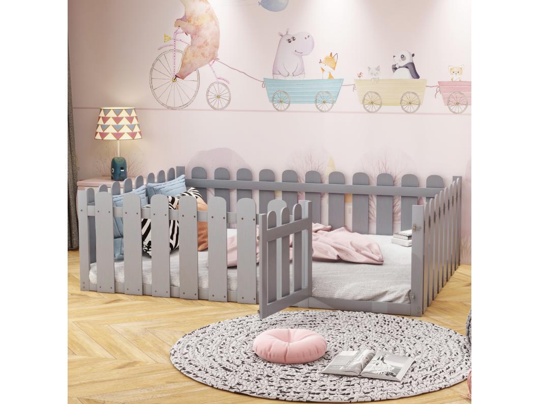 Cama infantil 140 x 200 cm, estrutura de madeira com borda e porta, cinza (sem base de ripas)
