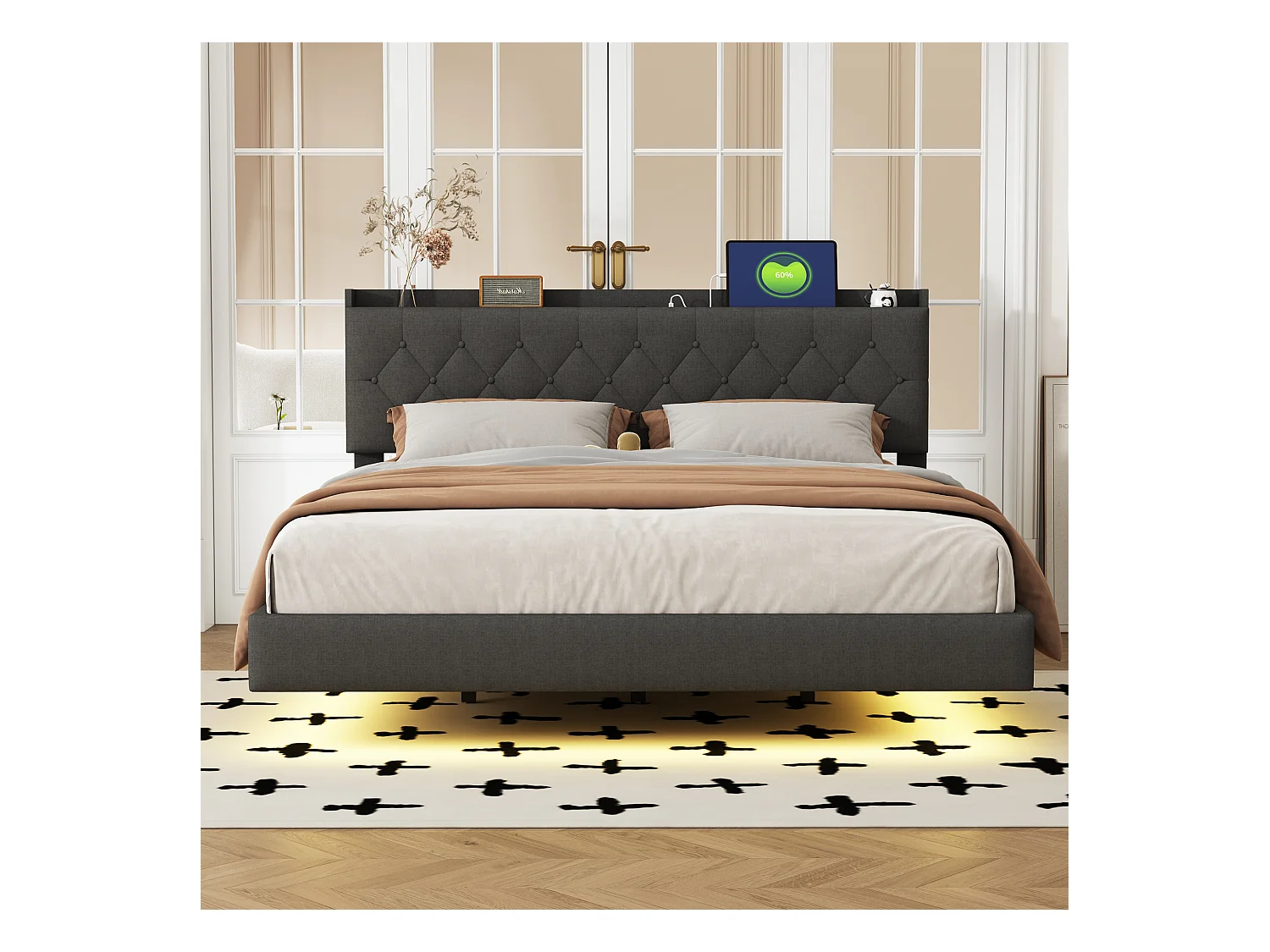 Polsterbett 160 x 200 cm mit Kopfteil – USB-Buchse und LEDs – Leinenstoff – Grau (ohne Matratze)