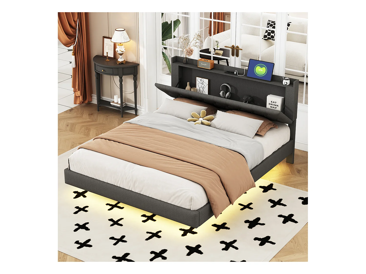 Polsterbett 160 x 200 cm mit Kopfteil – USB-Buchse und LEDs – Leinenstoff – Grau (ohne Matratze)