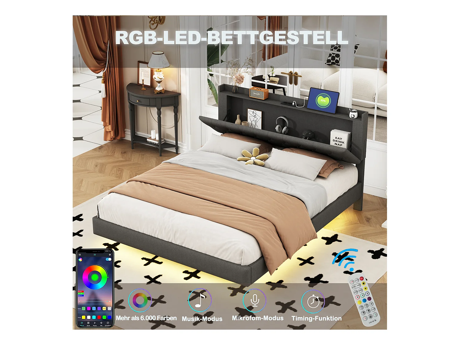 Polsterbett 160 x 200 cm mit Kopfteil – USB-Buchse und LEDs – Leinenstoff – Grau (ohne Matratze)