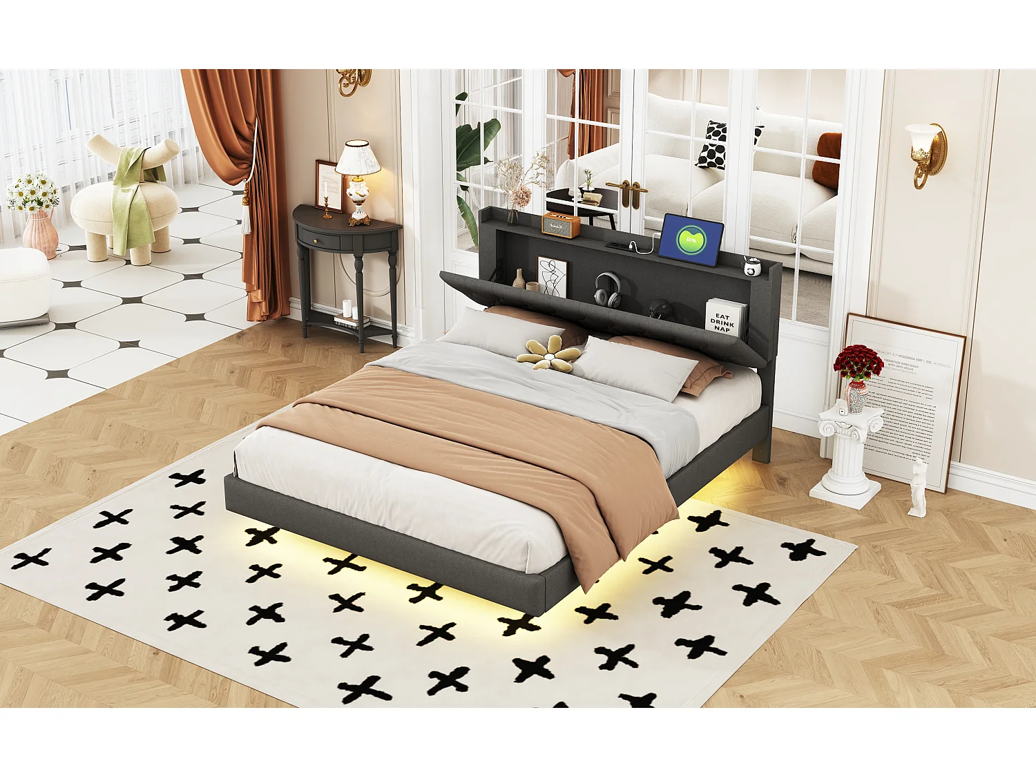 Lit capitonné 160 x 200 cm avec tête de lit - prise USB et LEDs - Tissu en lin - Gris (sans matelas)