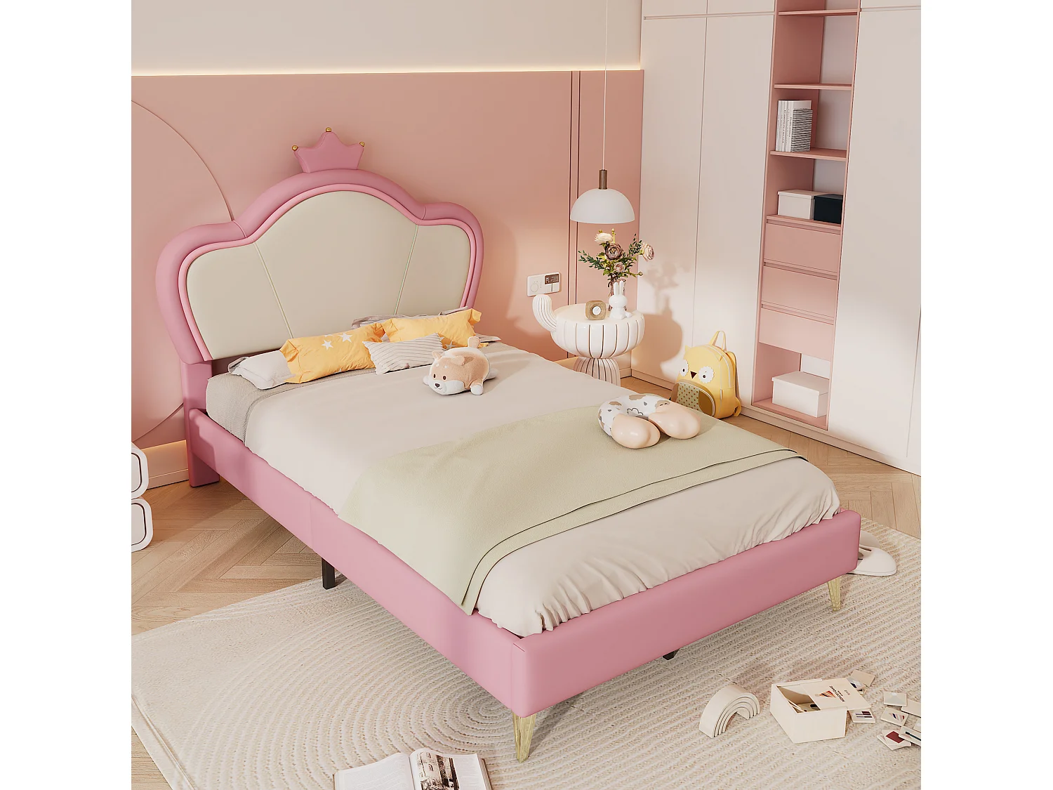 Letto imbottito 90 x 200 cm - Testiera con corona - Pelle PU e gambe in metallo - Rosa + bianco (senza materasso)